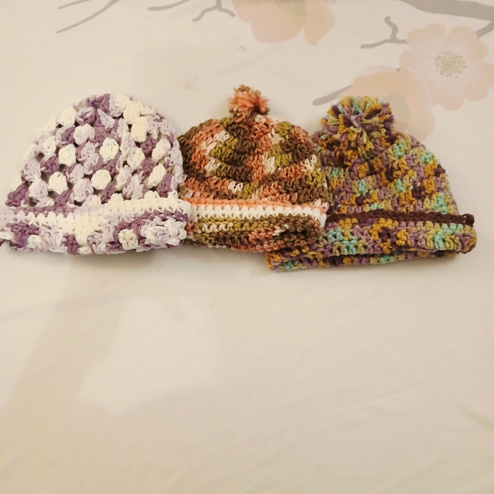 Crocheted Beanie Trio - Purple, Cream & Multicolor Cozy Hats